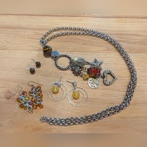 Silver and Gold Charm Necklace and Earring Set